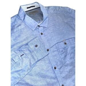 Ted Baker London Mens 4‎ Light Blue Linen Blend Button Down Long Sleeve Shirt